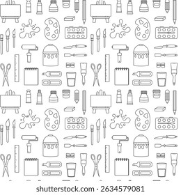 Seamless pattern of art supplies. Brushes, palettes, paints, pencils, scissors, cans of paint, easels, rulers, and other tools used by artists.
