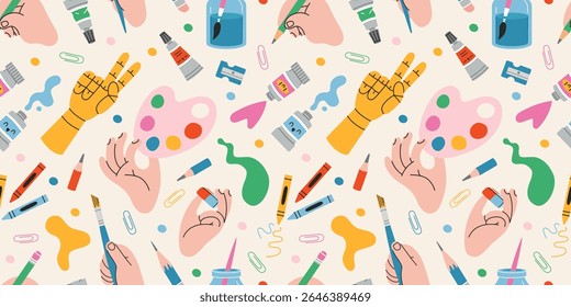 Seamless pattern with art supplies, creative hands, paint tubes, brushes and sketching tools. Trendy modern vector illustration on light background, hand drawn, flat design
