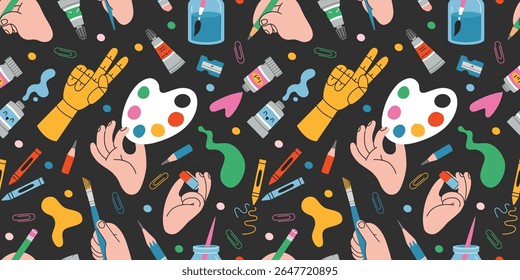 Seamless pattern with art supplies, creative hands, paint tubes, brushes and sketching tools. Trendy modern vector illustration on black background, hand drawn, flat design