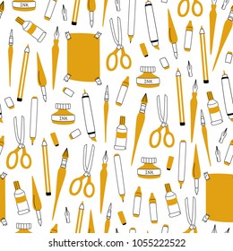 Seamless Pattern with Art Supplies on White Background. 