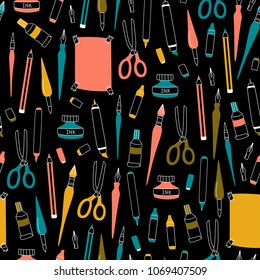 Seamless Pattern with Art Supplies on Black Background.