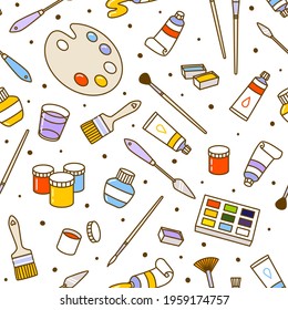 Seamless pattern with art supplies on white - paints, tubes, watercolor, brushes, palettes - cartoon background for happy design