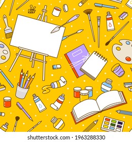 Seamless pattern art supplies on yellow - easel, sketchbooks, paints, watercolor, palette, brushes, drawing pencils - cartoon background for happy art design