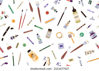 Patrón sin foco con material de arte. Repitiendo la impresión con los artistas estacionados. Fondo infinito con pinturas, cepillos, botellas, objetos de pintura, accesorios. Ilustración vectorial gráfica plana de color