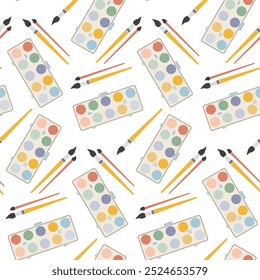 Seamless pattern with art supplies, stationery on the white background, cartoon style. Back to school. Trendy modern vector illustration, flat design.