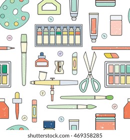 Seamless pattern with Art supplies with texture effect. Painting tools including palette, pastel, tubes, knife, watercolor, calligraphy pens and others. Vector illustration for paper, web background

