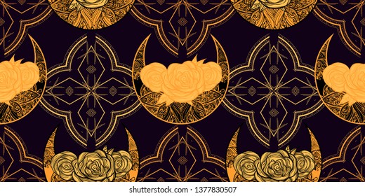 Padrão contínuo no estilo de tatuagem de arte com lua e rosas. Vibrações boêmios.