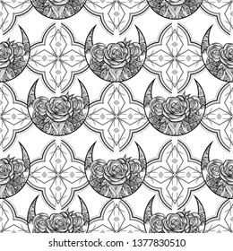 Seamless pattern in art tattoo style with moon and roses. Bohemian vibes.