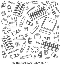 Seamless pattern of art tools for painting, on a white background