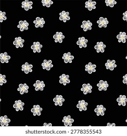 seamless pattern art vector drawing of repeating daisies in lines on a black background