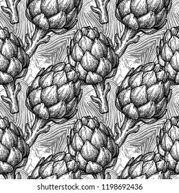 Seamless pattern with artichoke. Hand drawn vector illustration. Retro style.