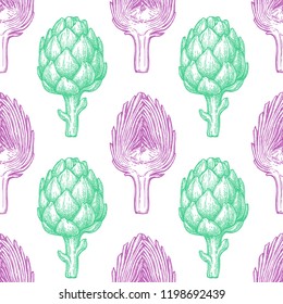 Seamless pattern with artichoke. Hand drawn vector illustration. Retro style.