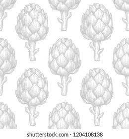Seamless pattern with artichoke. Hand drawn vector illustration. Retro style.