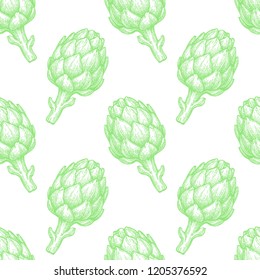 Seamless pattern with artichoke. Hand drawn vector illustration. Retro style.