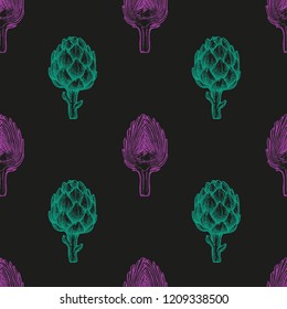 Seamless pattern with artichoke. Hand drawn vector illustration. Retro style.