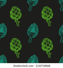 Seamless pattern with artichoke. Hand drawn vector illustration. Retro style.