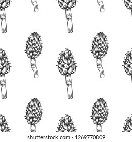 Seamless pattern Artichoke hand drawn vector ink sketch isolated on white background, graphic herbal decorative plant, Organic food ingredient illustration, texture for design healthy market, menu