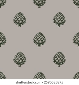 Seamless pattern with artichoke. Line art artichokes. Vector. Vintage style. For kitchen or dining room wallpaper, organic product packaging design, wrapping paper, restaurant textiles.
