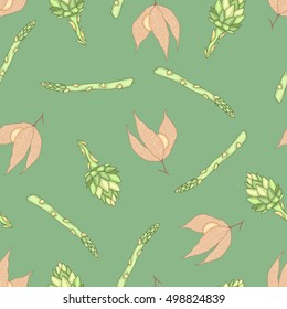 Seamless pattern with artichokes, asparagus, winter cherry. Hand drawn. Vector illustration