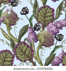 Padrão contínuo com alcachofras e flores. Vetor