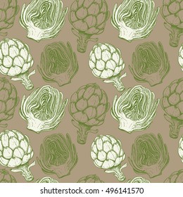 Seamless pattern with artichokes on a beige background. Vector illustration for your design