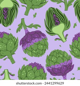 Seamless pattern with artichokes on a lilac background. Vector graphics.