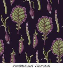 Seamless pattern with artichokes, onions and beans. Vector