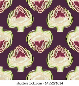 Seamless pattern with artichokes. Purple artichoke. Vegetable background. Wallpaper, print, wrapping paper, modern textile design, poster. Vector illustration.
