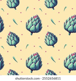 seamless pattern Artichokes, sprig, roses, flowers, leaves, in purple color, vector