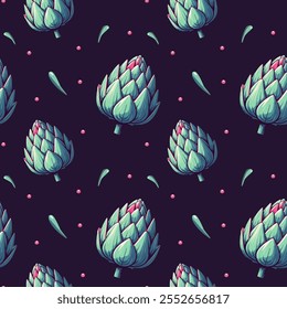 seamless pattern Artichokes, sprig, roses, flowers, leaves, in purple color, vector