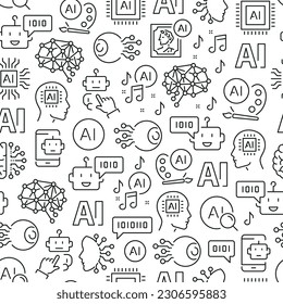 Seamless pattern with artificial intelligence. Black and white thin line icons