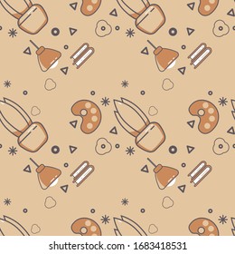 Seamless pattern with artist supplies. Tubes of paint, easel, palette, books, houseplant. Lifestyle home activity, Painting hobby.