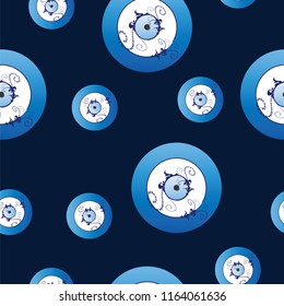 seamless pattern with artistic blue evil eye vector - dark blue background
