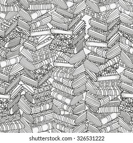 Seamless pattern with artistic books, mountain of books, bookshelf,  hand-drawn decorative elements in vector. Black and white.  Made by trace from sketch. Pattern for coloring book. Zentangle