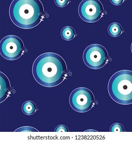 seamless pattern with artistic evil eye vector on blue background 