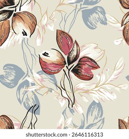 Seamless pattern, artistic floral illustrations in a modern, expressive style. Ideal for textile design, decoration, backgrounds, and graphic elements.