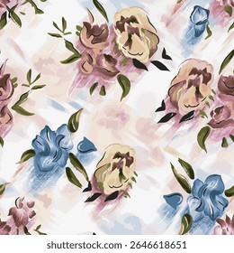 Seamless pattern, artistic floral illustrations in a modern, expressive style. Ideal for textile design, decoration, backgrounds, and graphic elements.