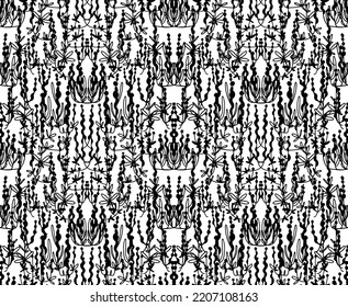 Seamless pattern with artistic foliage, abstract plant leaves, herbs in memphis style.

