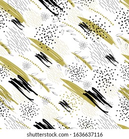 Seamless pattern. Artistic freehand black & white, gold templates: poster, art flyer, modern invitation, birthday, wedding card, web banner. Hand drawn textures, paint dabs & abstract stains.