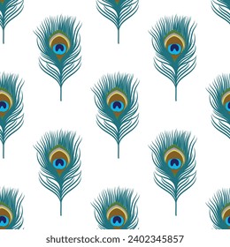 Seamless pattern with artistic green peacock feathers