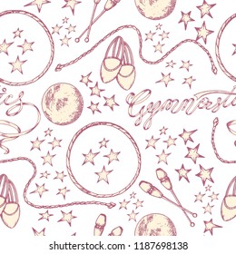 seamless pattern artistic gymnastics hand-drawn in the style of sketching, exercises gymnastics, hoop, maces, ball, half-buds, skipping rope, letering, stars. vector illustration.