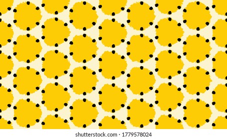 Seamless pattern, artistic interpretation of yellow food, yellow fruit cut with seeds seen from above, simple and symmetrical design, cute background, vector illustration.