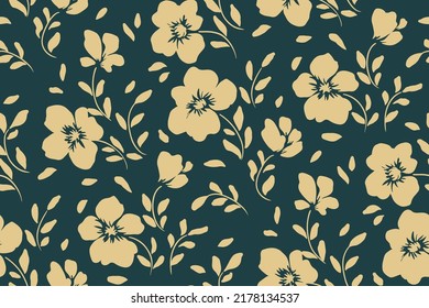Seamless pattern with artistic meadow, decorative flowers, leaves in rustic style. Floral print, botanical background with pretty hand drawn plants. Elegant design for fabric, wrapping paper. Vector.