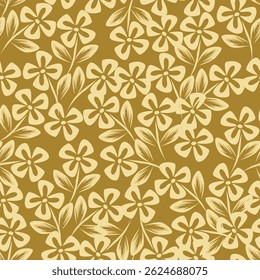 Seamless pattern with artistic meadow, decorative flowers, leaves in rustic style. Floral print, botanical background with pretty hand drawn plants. Elegant design for fabric, wrapping paper. Vector
