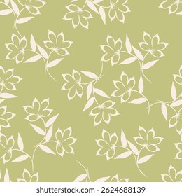 Seamless pattern with artistic meadow, decorative flowers, leaves in rustic style. Floral print, botanical background with pretty hand drawn plants. Elegant design for fabric, wrapping paper. Vector