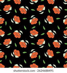 Seamless pattern with artistic meadow, decorative flowers, leaves in rustic style. Floral print, botanical background with pretty hand drawn plants. Elegant design for fabric, wrapping paper. Vector