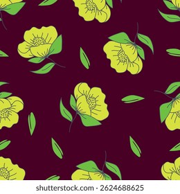 Seamless pattern with artistic meadow, decorative flowers, leaves in rustic style. Floral print, botanical background with pretty hand drawn plants. Elegant design for fabric, wrapping paper. Vector