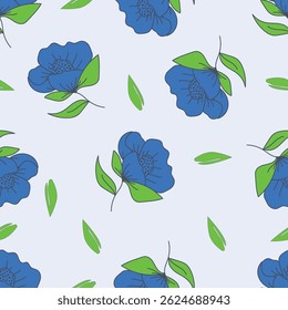Seamless pattern with artistic meadow, decorative flowers, leaves in rustic style. Floral print, botanical background with pretty hand drawn plants. Elegant design for fabric, wrapping paper. Vector