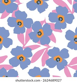 Padrão contínuo com prado artístico, flores decorativas, folhas em estilo rústico. Impressão floral, fundo botânico com belas plantas desenhadas à mão. Design elegante para tecido, papel de embrulho. Vetor
