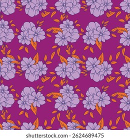 Seamless pattern with artistic meadow, decorative flowers, leaves in rustic style. Floral print, botanical background with pretty hand drawn plants. Elegant design for fabric, wrapping paper. Vector
